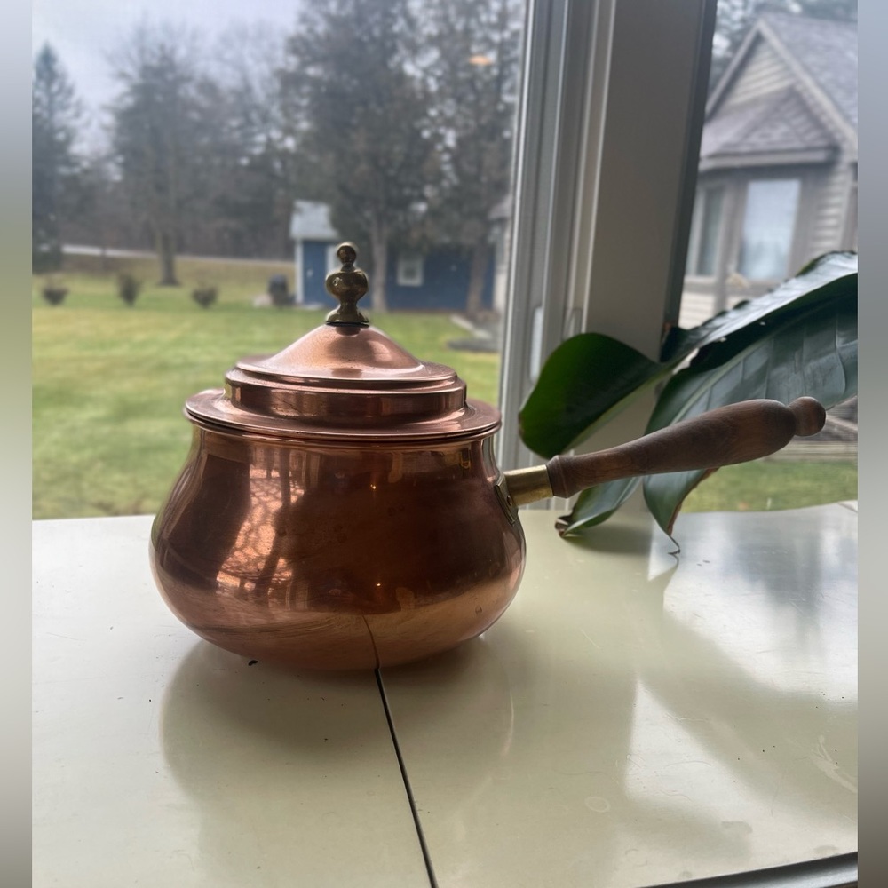 Antique Copper Pot with Brass and Wood Handles